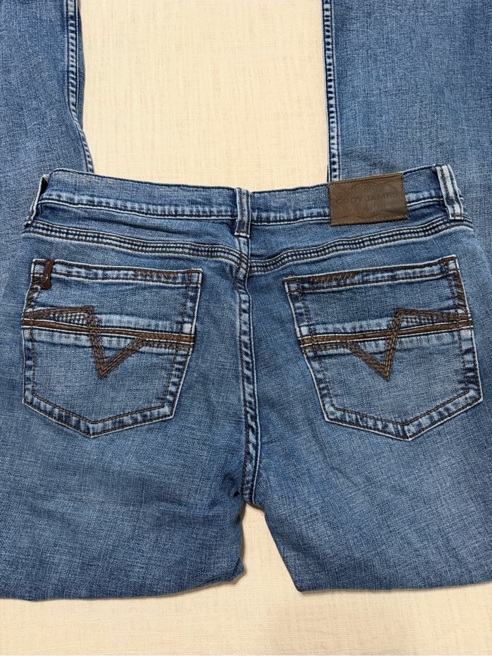Men's Blue Boot Cut Jeans with Contrast Back Stitching